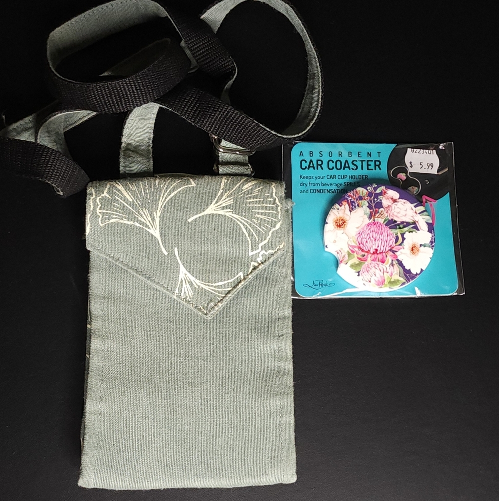 Gray Crossbody Bag with Black Strap And Car Coaster